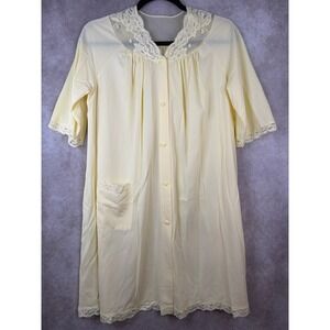 VTG 70s Shadowline Nightgown Women Petite Yellow Lace Floral Button Front M/L
